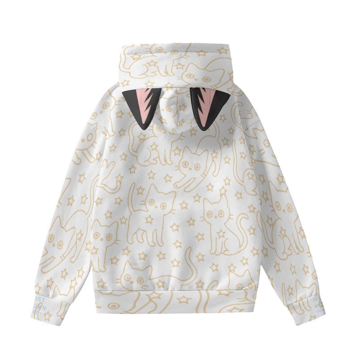 Cat Print Hoodie with Ears: Kawaii Style Women's Sweatshirt