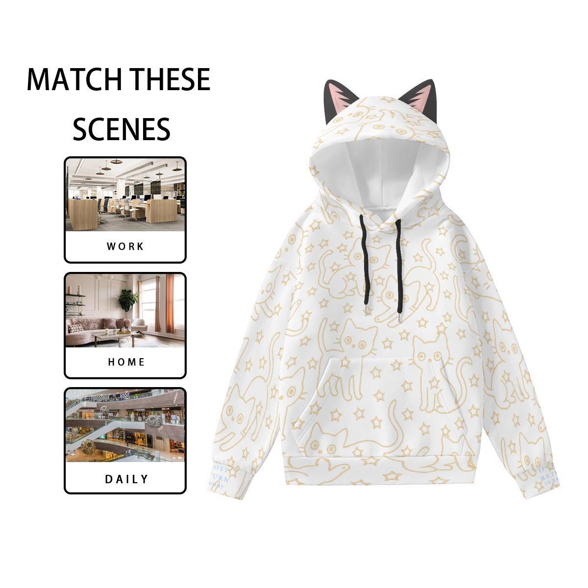Cat Print Hoodie with Ears: Kawaii Style Women's Sweatshirt