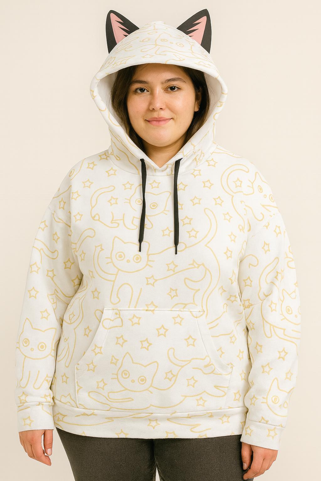 Cat Print Hoodie with Ears: Kawaii Style Women's Sweatshirt