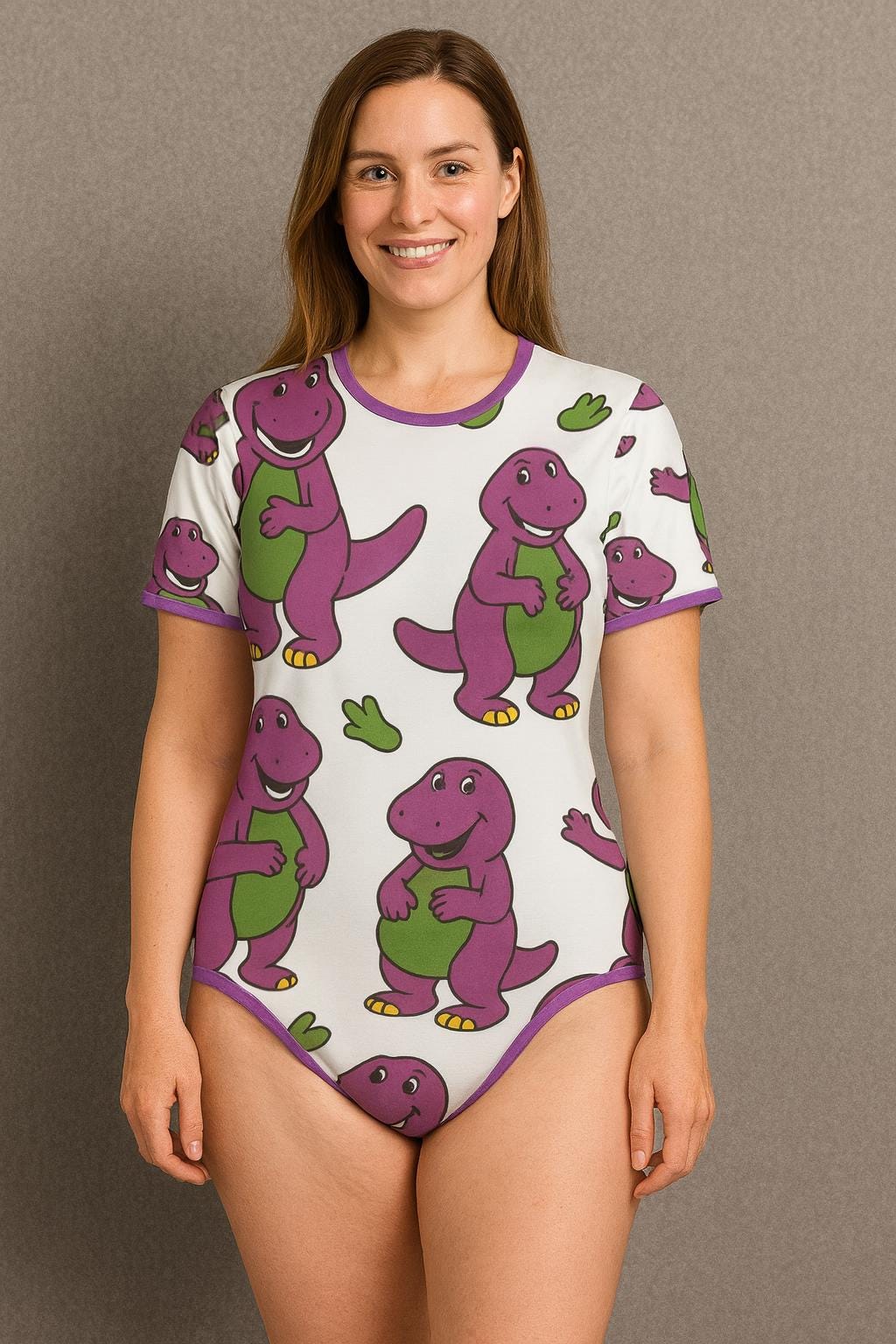 ABDL Adult Onesie: Purple Dinosaur Print, Snap Crotch