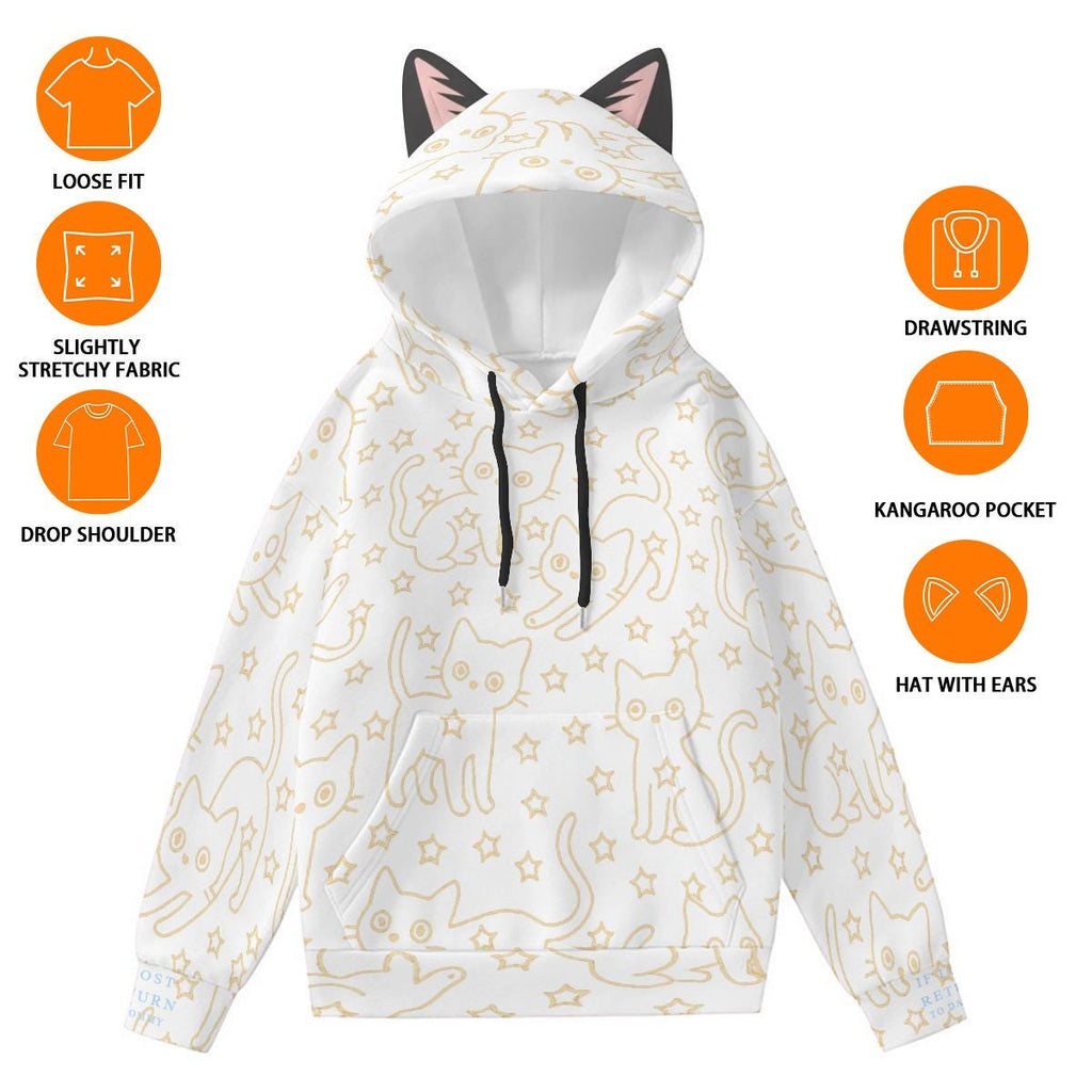 Cat Print Hoodie with Ears: Kawaii Style Women's Sweatshirt